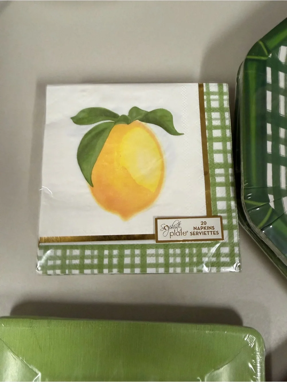 White Yellow Gold Green Lemon Plaid Coastal Summer Paper Plate Napkin Set